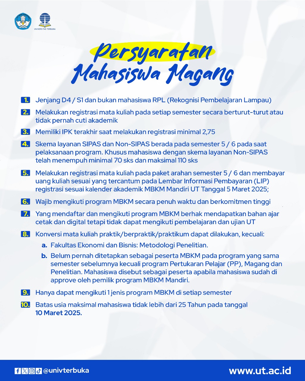 Halo sahabat UT Yuks gabung buat join sosialisasi Magang BTN. Hari Rabu 26 Februari 2025Pukul 14 https sl.ut.ac.id magangbtnYoutube http sl.ut.ac.id magangbtnYang sedang mencari magang bisa nih BTN sedang membuk 1